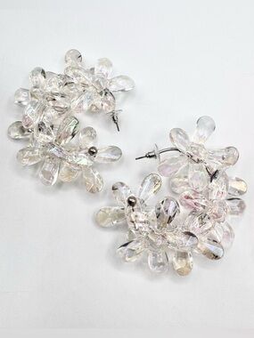Huge Clear AB Acrylic Lucite Flower Hoop Earrings Statement Runway Floral Chunky